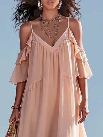 Nude Pink V-Neck Ruffle Sleeve Tiered Maxi Dress