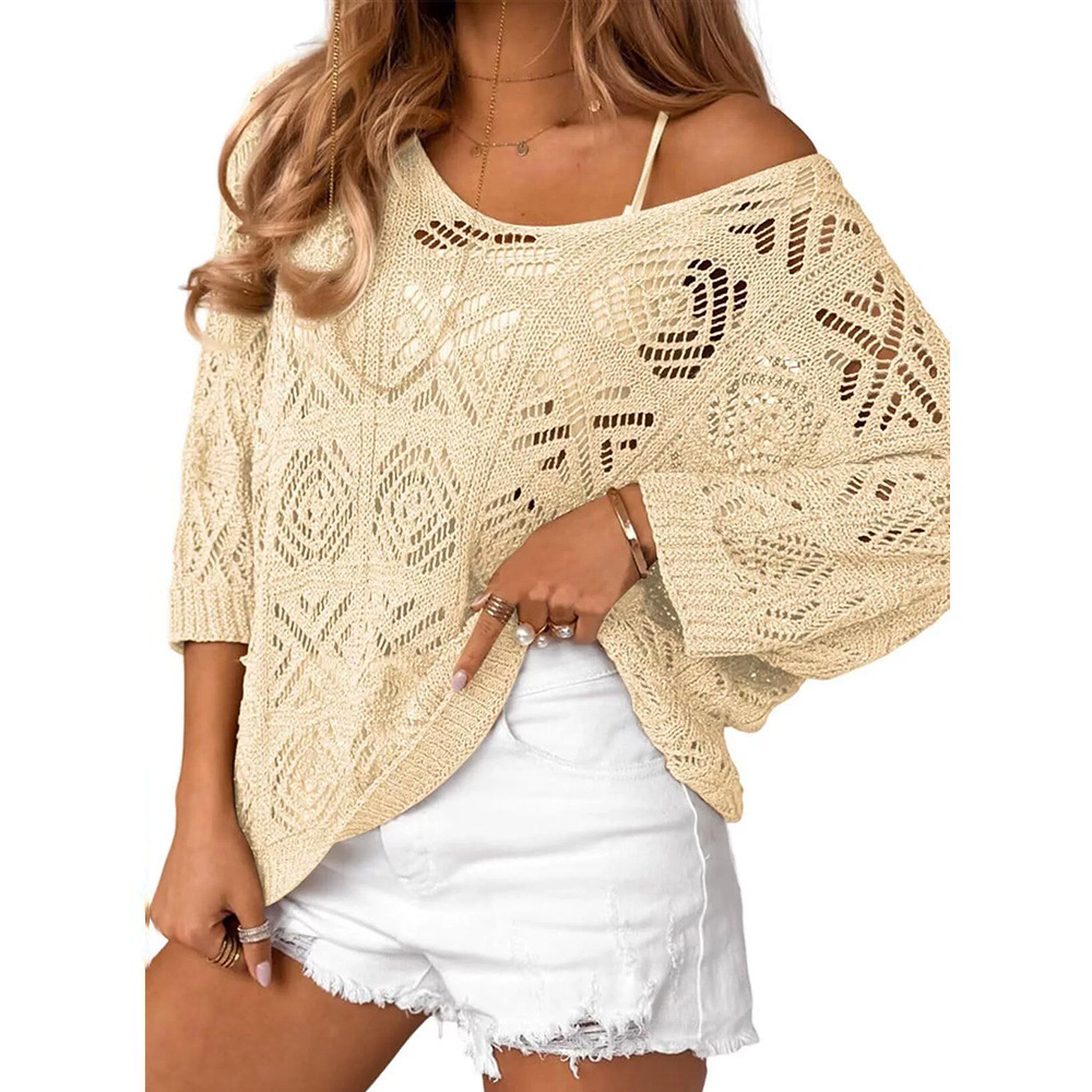 V-Neck Diamond Crochet Hollow-Out Knit Top with Dolman Sleeves