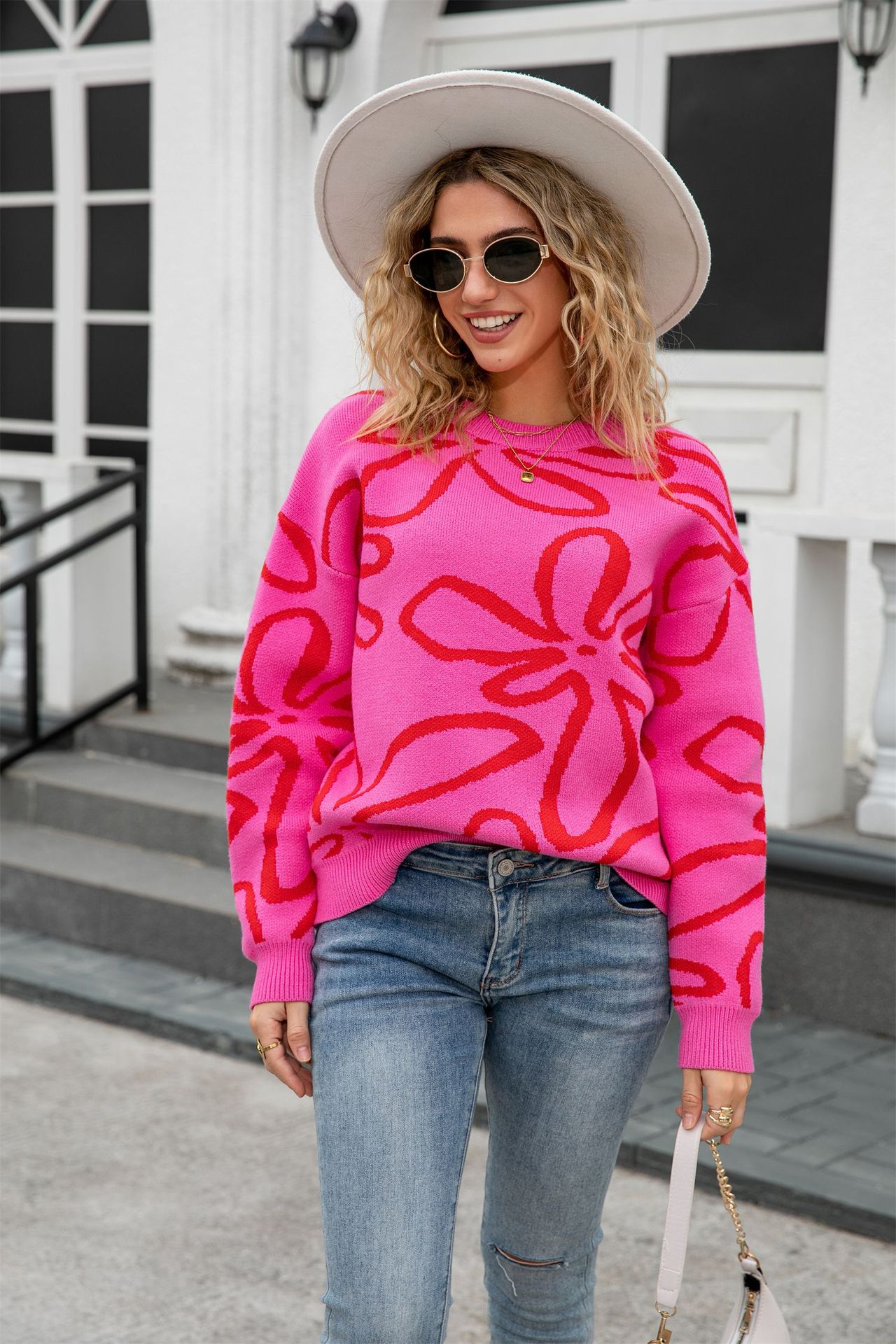Floral Colorblock Crewneck Knit Sweater