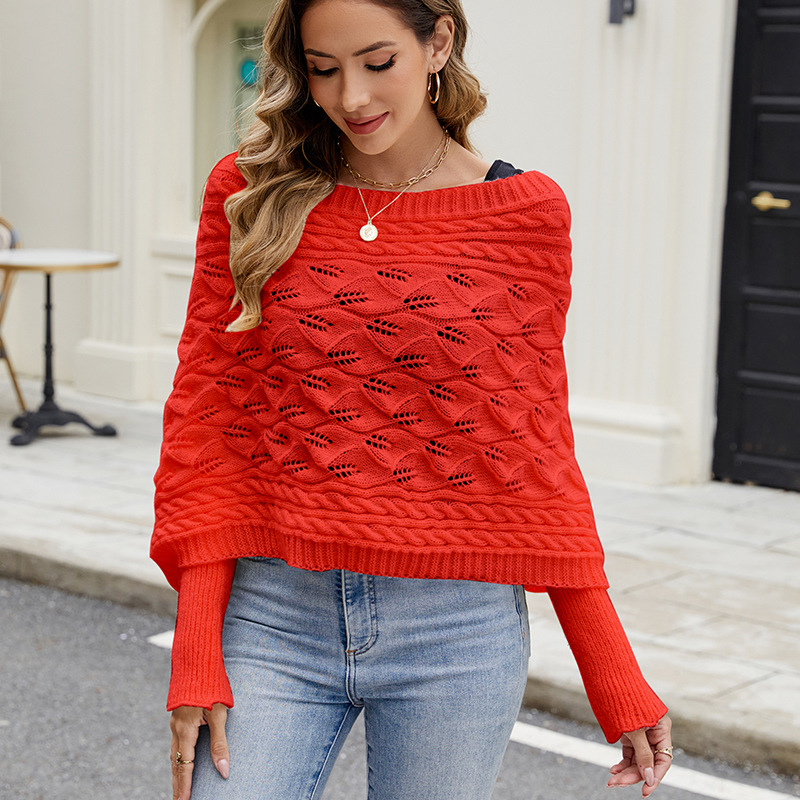 Women's Casual Knit Batwing Sleeve Hollow-Out Poncho Sweater
