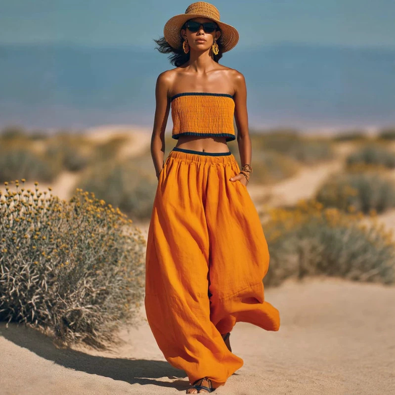Orange Cotton-Linen Strapless Top and Pants Set