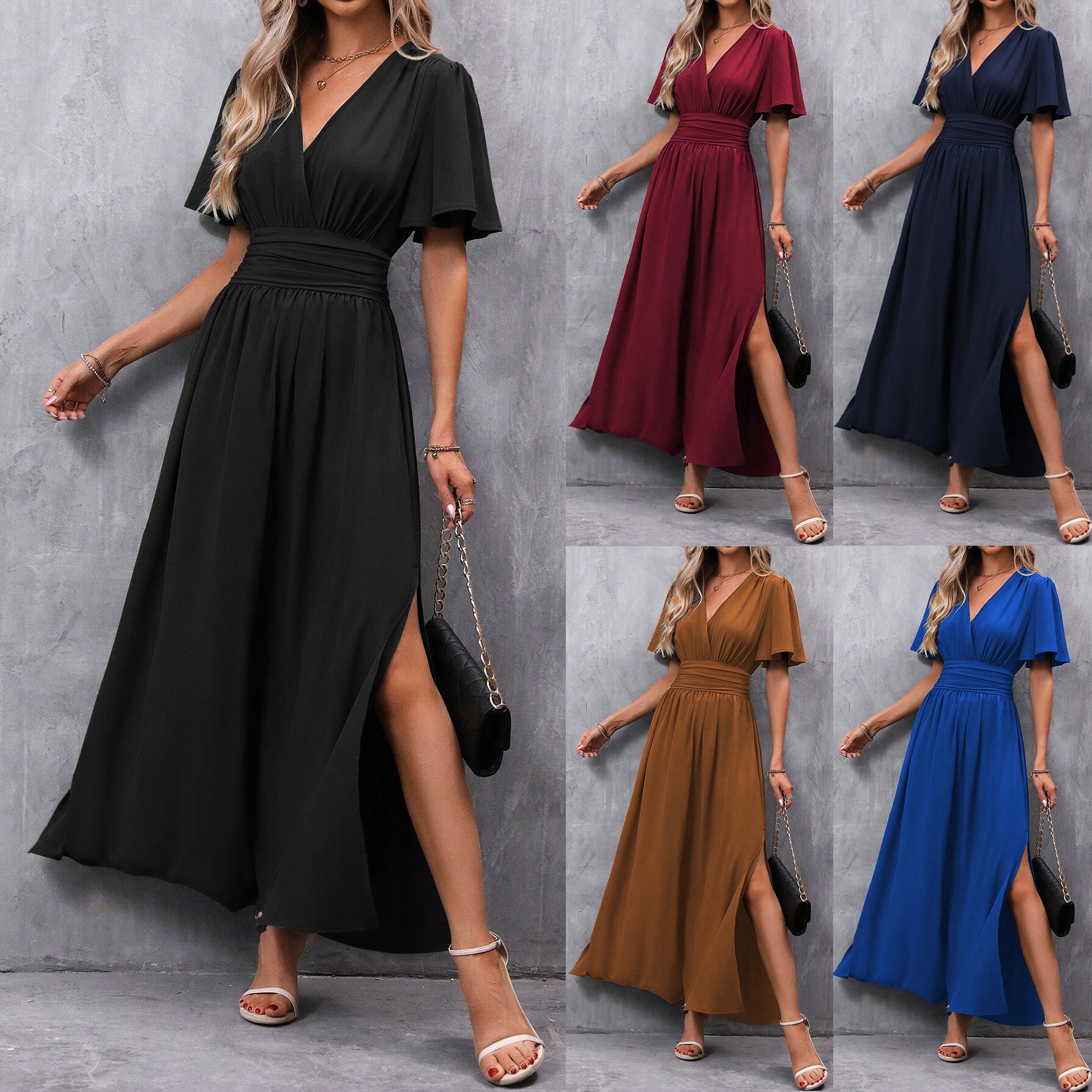 Elegant Flutter-Sleeve High-Slit A-Line Maxi Dress