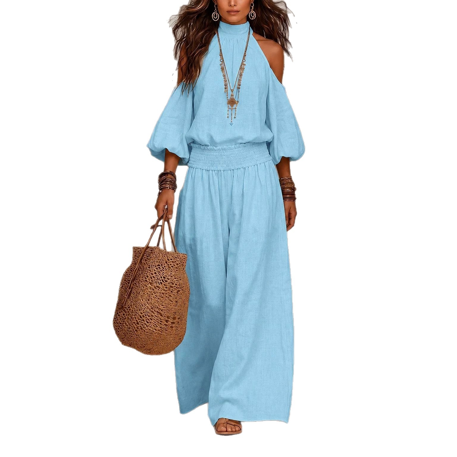 Women's Casual Crewneck Long Sleeve Cutout Top and Smocked Wide-Leg Pants Set