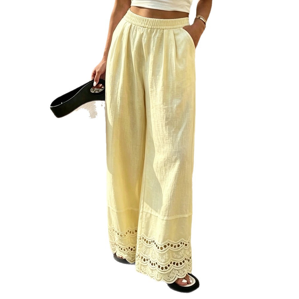 Women's Solid Lace Trim Cotton Linen Wide Leg Pants