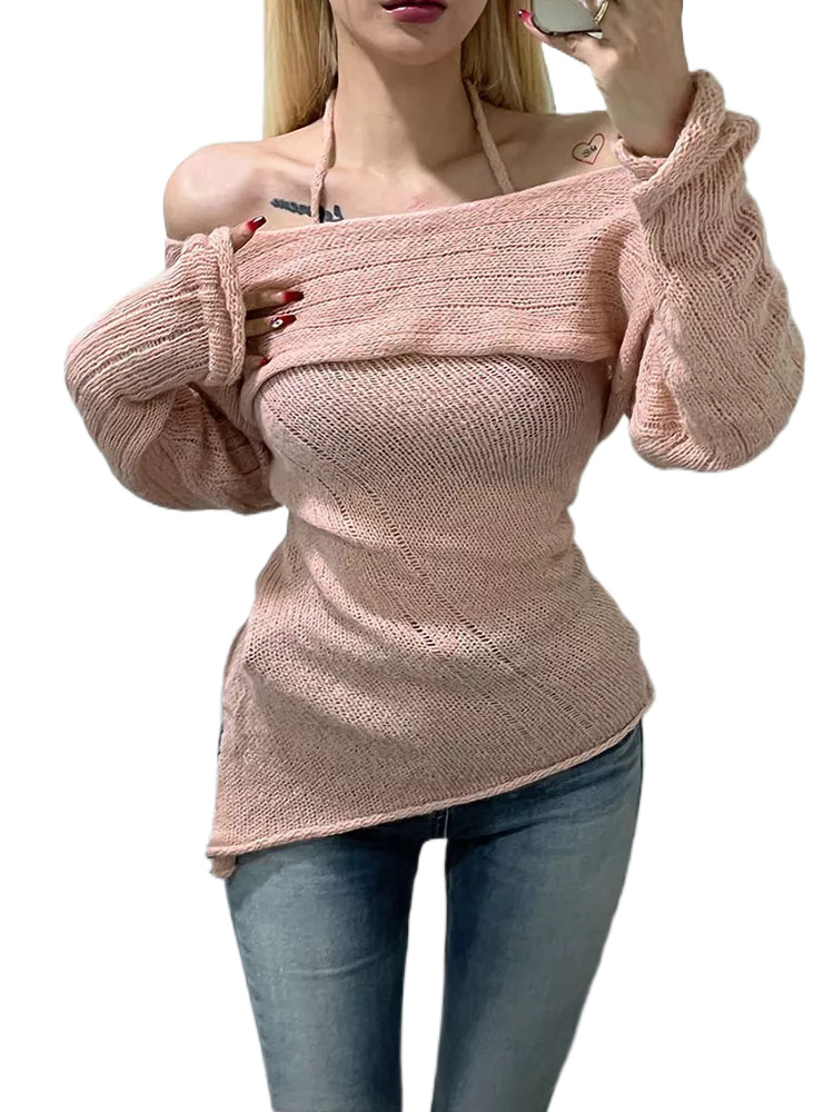 Sexy Off-Shoulder Long-Sleeve Halter Knit Top Asymmetric Two-Piece Set