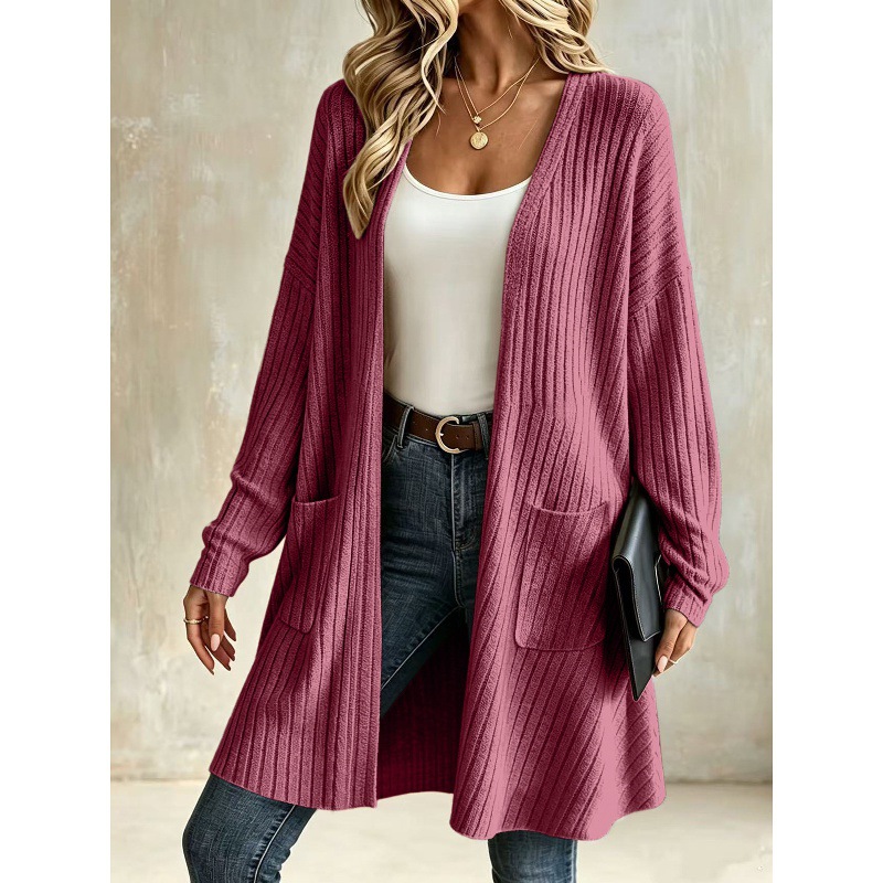 Ribbed Knit Cardigan Solid Color Casual Outerwear