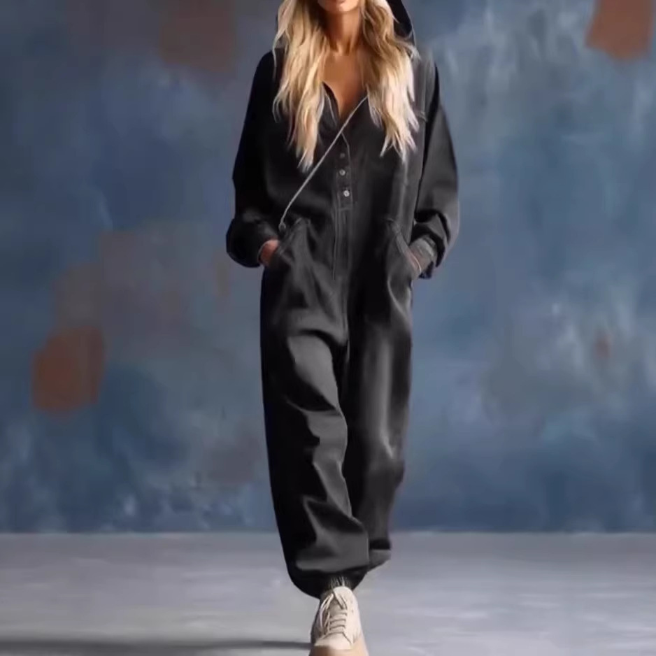 Women's Denim Print Wide-Leg Jumpsuit with Pockets