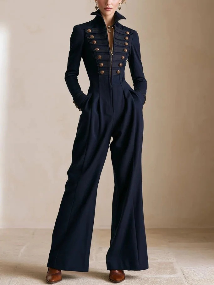 Navy Vintage Military Jumpsuit with Stand Collar, Double-Breasted Metal Buttons, Cinched Waist, Wide Leg