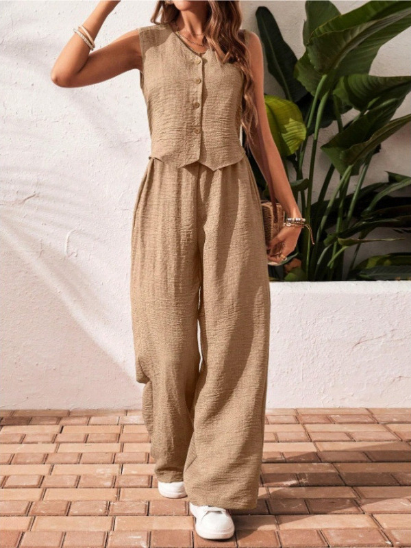Linen-Blend Button-Front V-Neck Vest and Pants Set