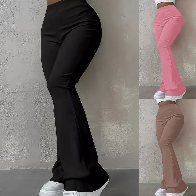 Women's Ribbed High-Waist Flare Leggings Slim Fit Solid Color