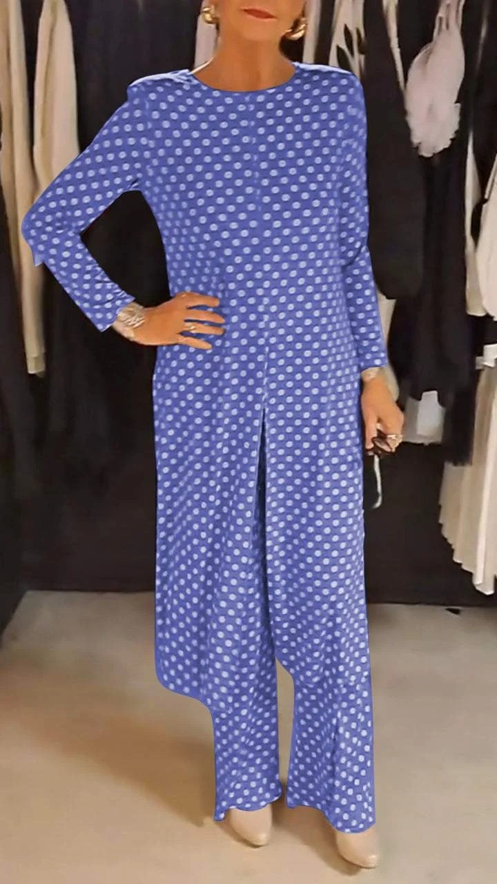 Polka Dot Round Neck Slim Fit Slit Long Top & Pants Set