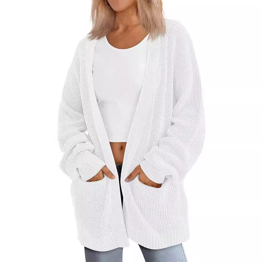 Women's Long Knit Cardigan Loose Cable Knit V-Neck Sweater Coat with Pockets