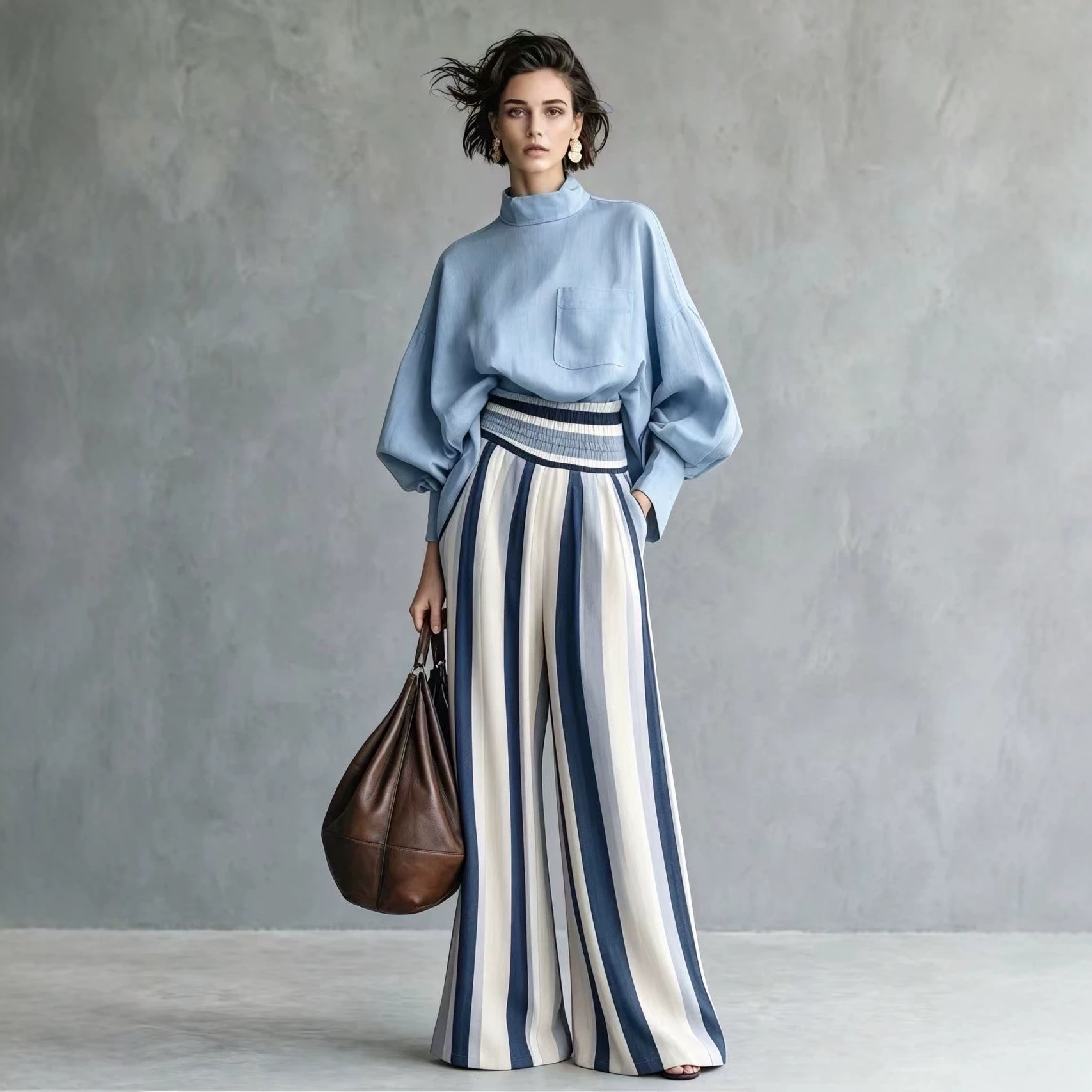 Women's Striped Mock Neck Long Sleeve T-Shirt and Pants Set