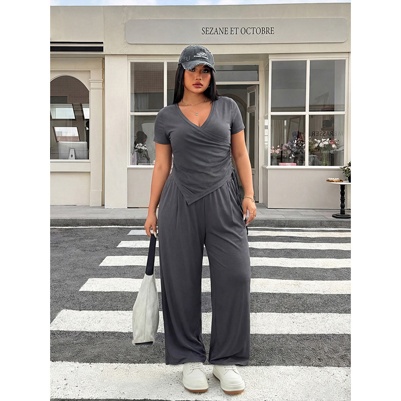 Plus Size Gray V-Neck Ruched Top and Wide-Leg Pants Set