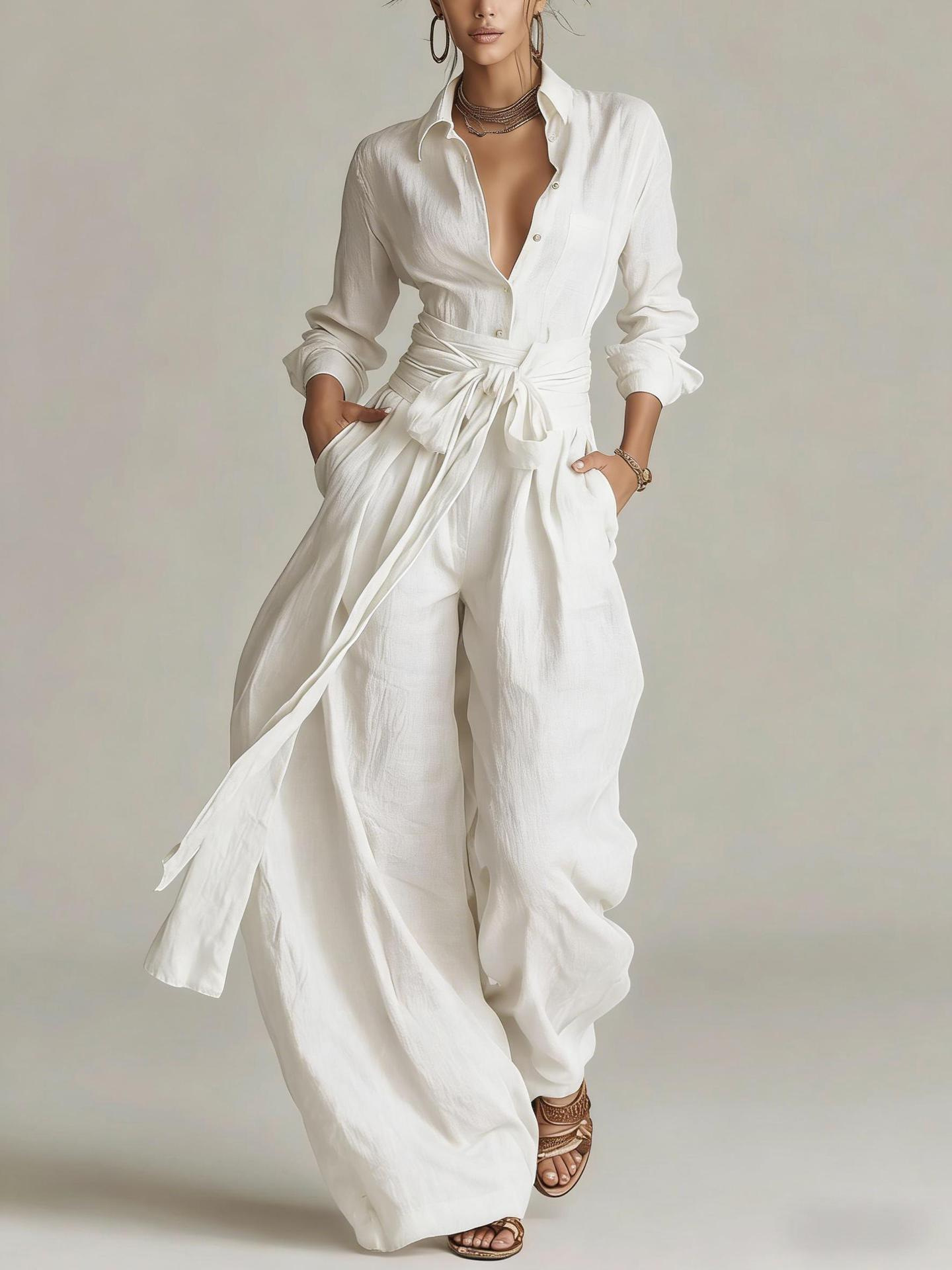 Solid Color Vintage High-Waist Tie-Waist Wide-Leg Jumpsuit