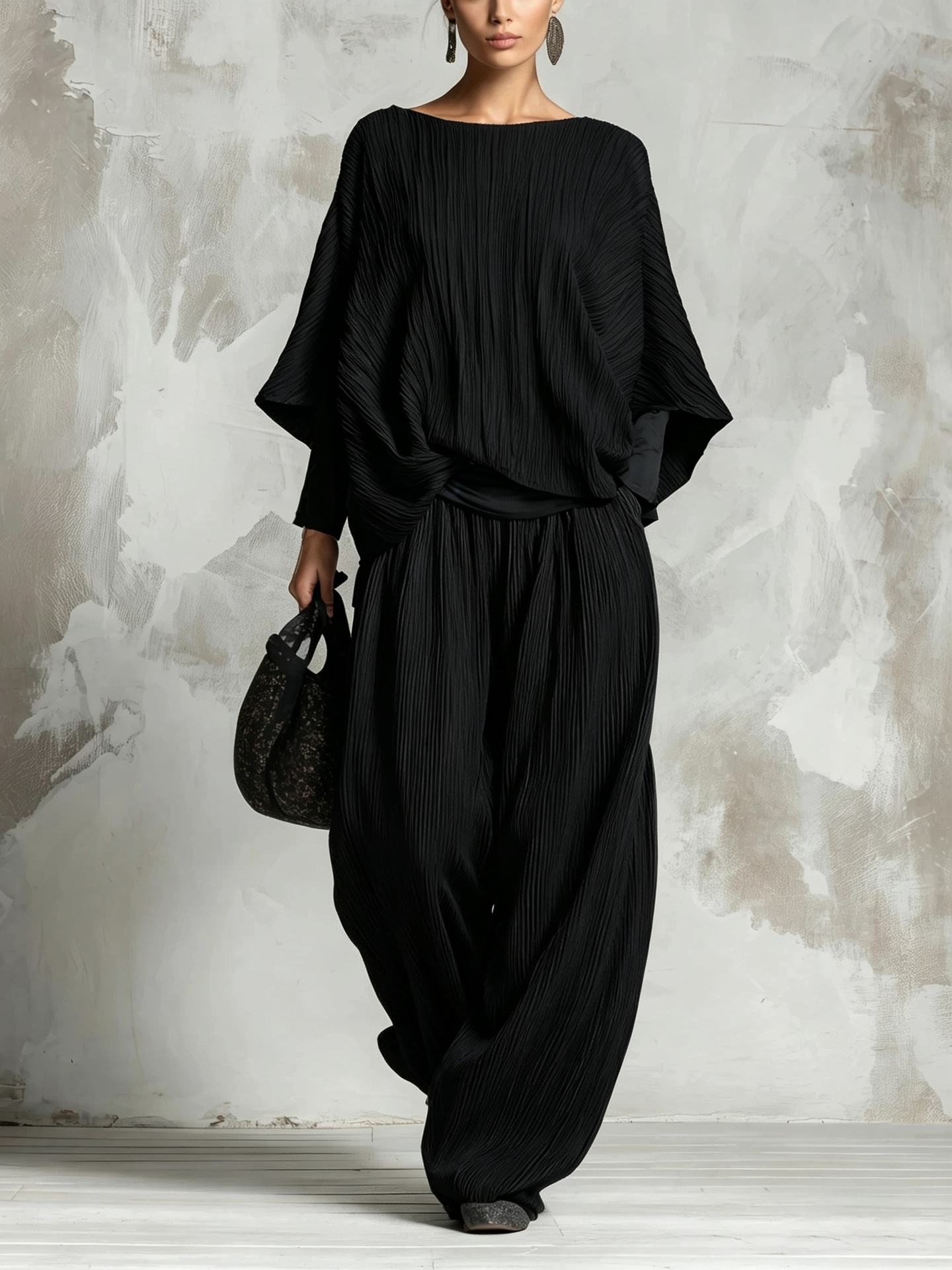 Ruched Batwing Sleeve Top & Wide-Leg Pants Two-Piece Lounge Set