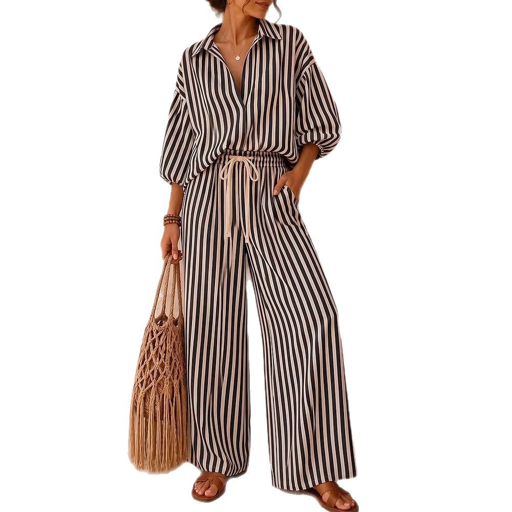 Striped Long Sleeve Shirt and Loose Pants Two-Piece Set