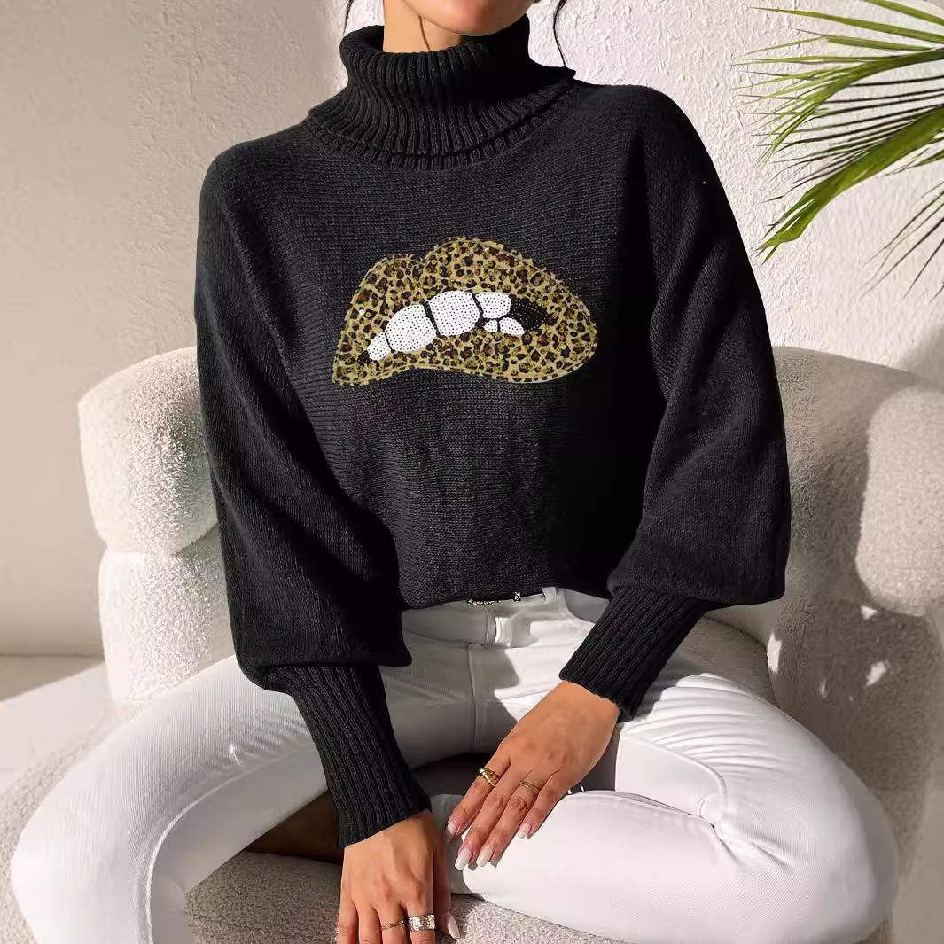 Women's Sequin Embroidered Cartoon Lips Turtleneck Pullover Sweater