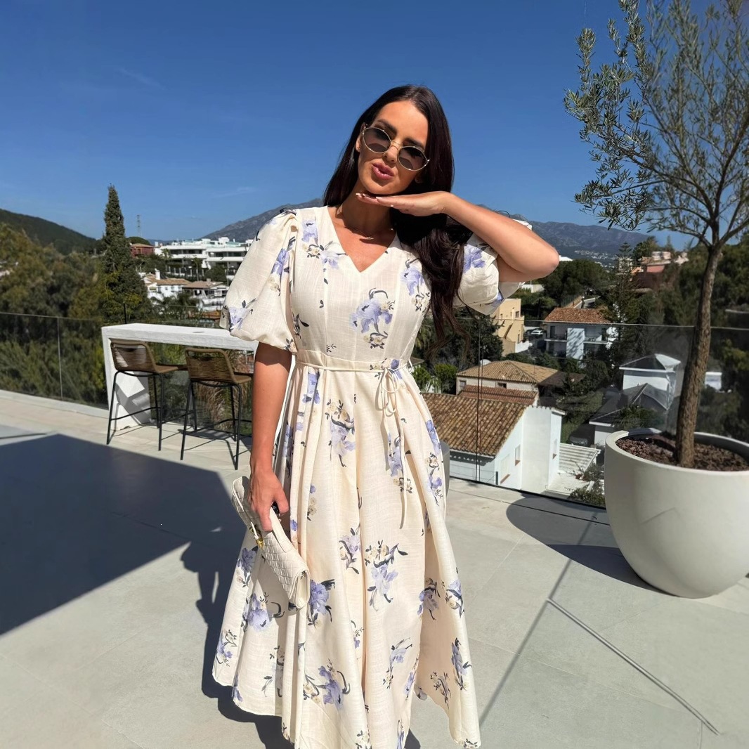 Women's Summer V-Neck Short Sleeve Floral Print Tie-Waist Maxi Dress
