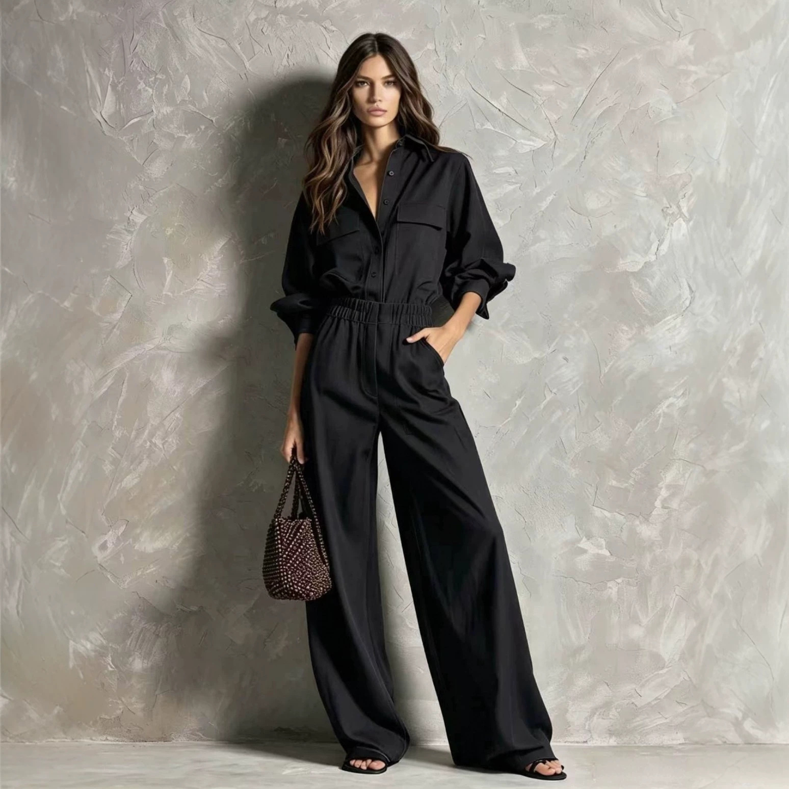 Women's High-Waist Wide-Leg Jumpsuit with Shirt Collar and Elastic Waist