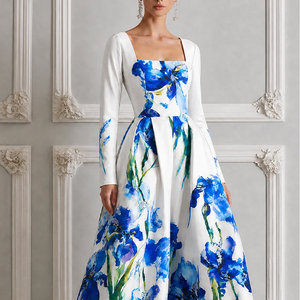 Long Sleeve Blue and White Porcelain Print Maxi Dress