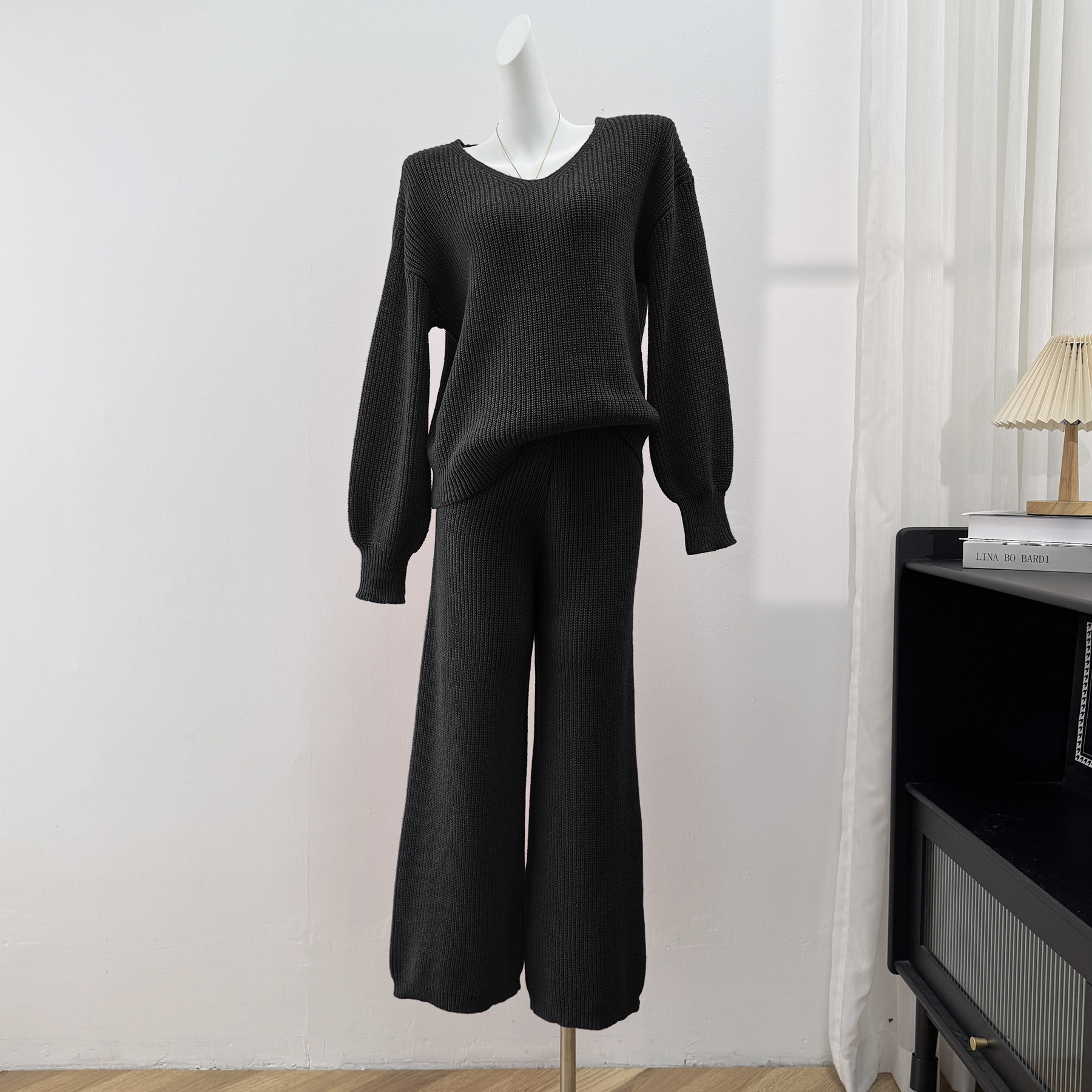 Women's V-Neck Loose Knit Top & Wide-Leg Pants Two-Piece Sweater Set