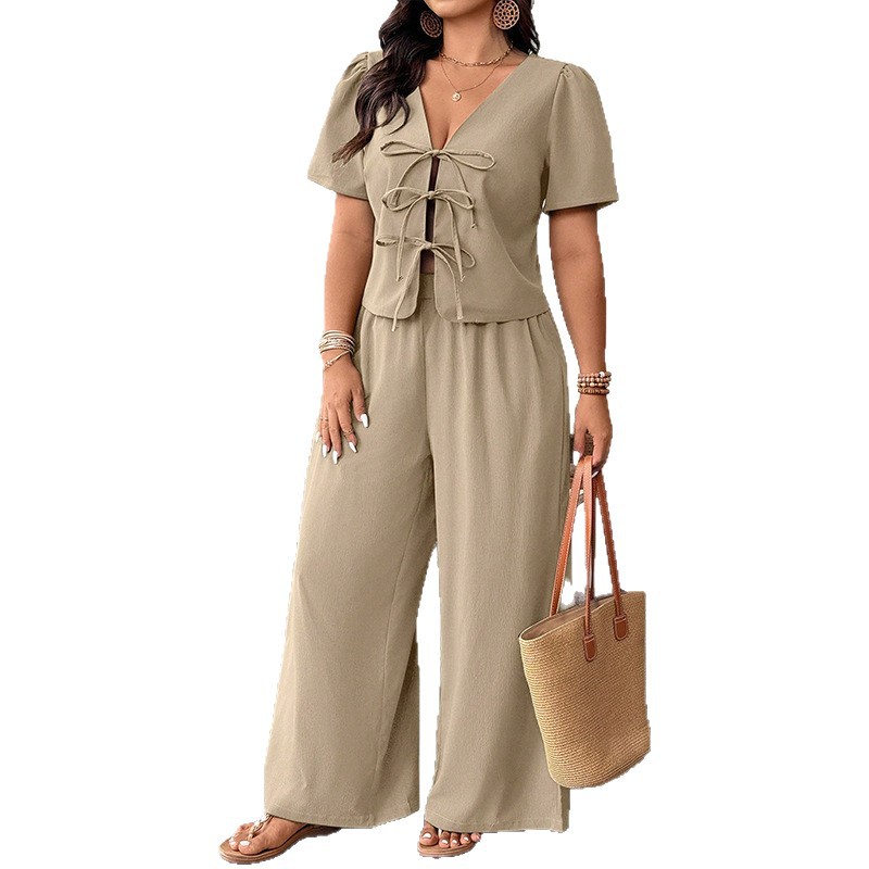 Plus Size Khaki Tie-Front V-Neck Back Cutout Top and Wide-Leg Pants Set