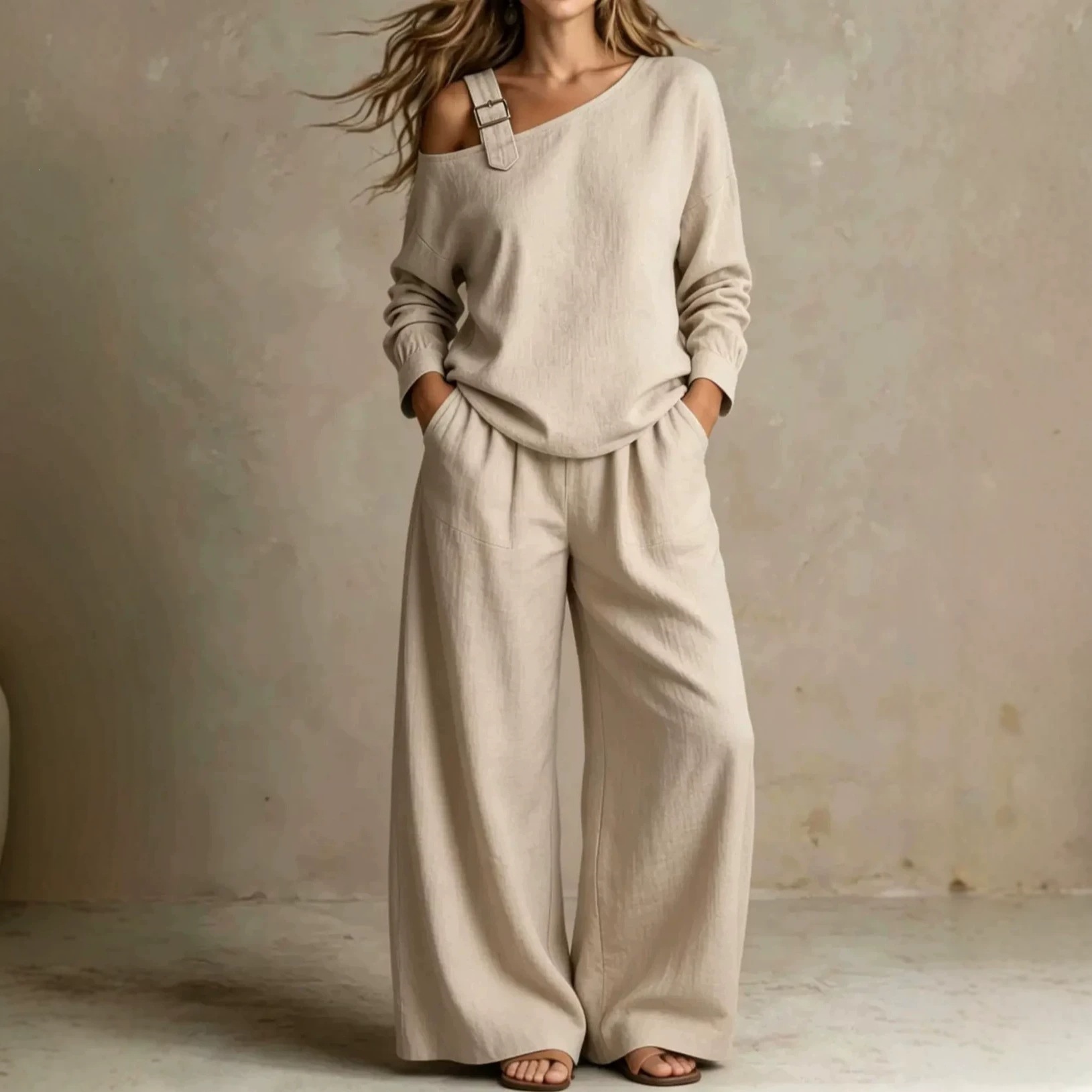 Women's Casual Loose One-Shoulder Linen-Blend Two-Piece Set
