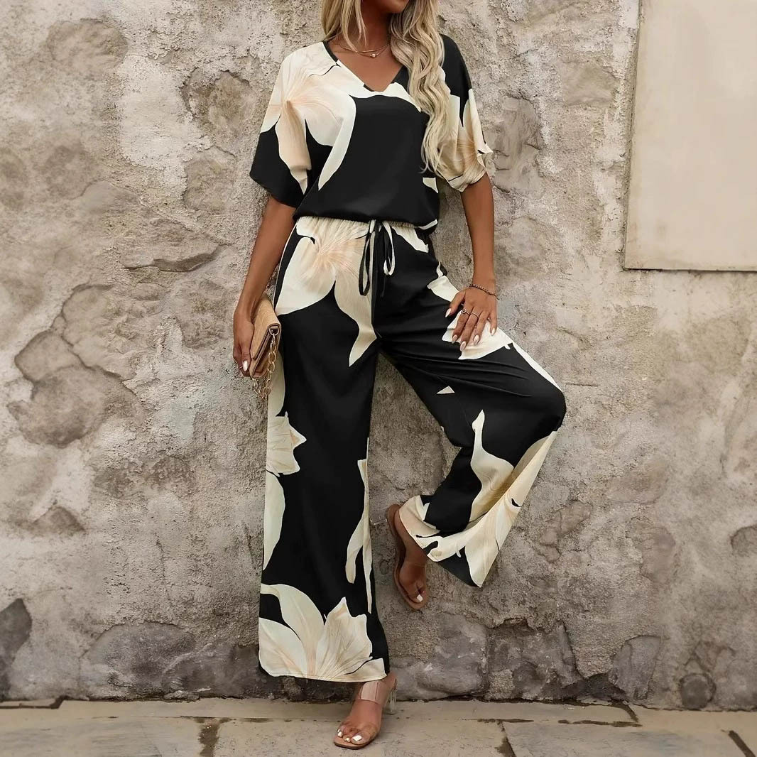 Women's Printed Casual Two-Piece Set Short Sleeve T-Shirt & Wide-Leg Pants