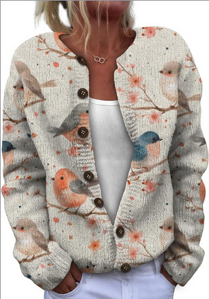 Women's Heart Print Button Cardigan Sweater