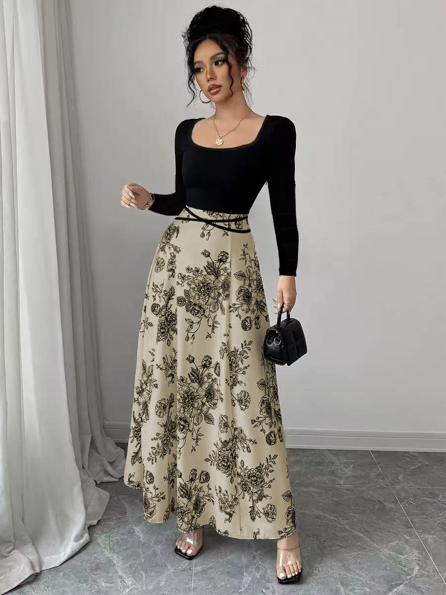 Floral Square Neck Tie-Waist Long Sleeve Midi Dress