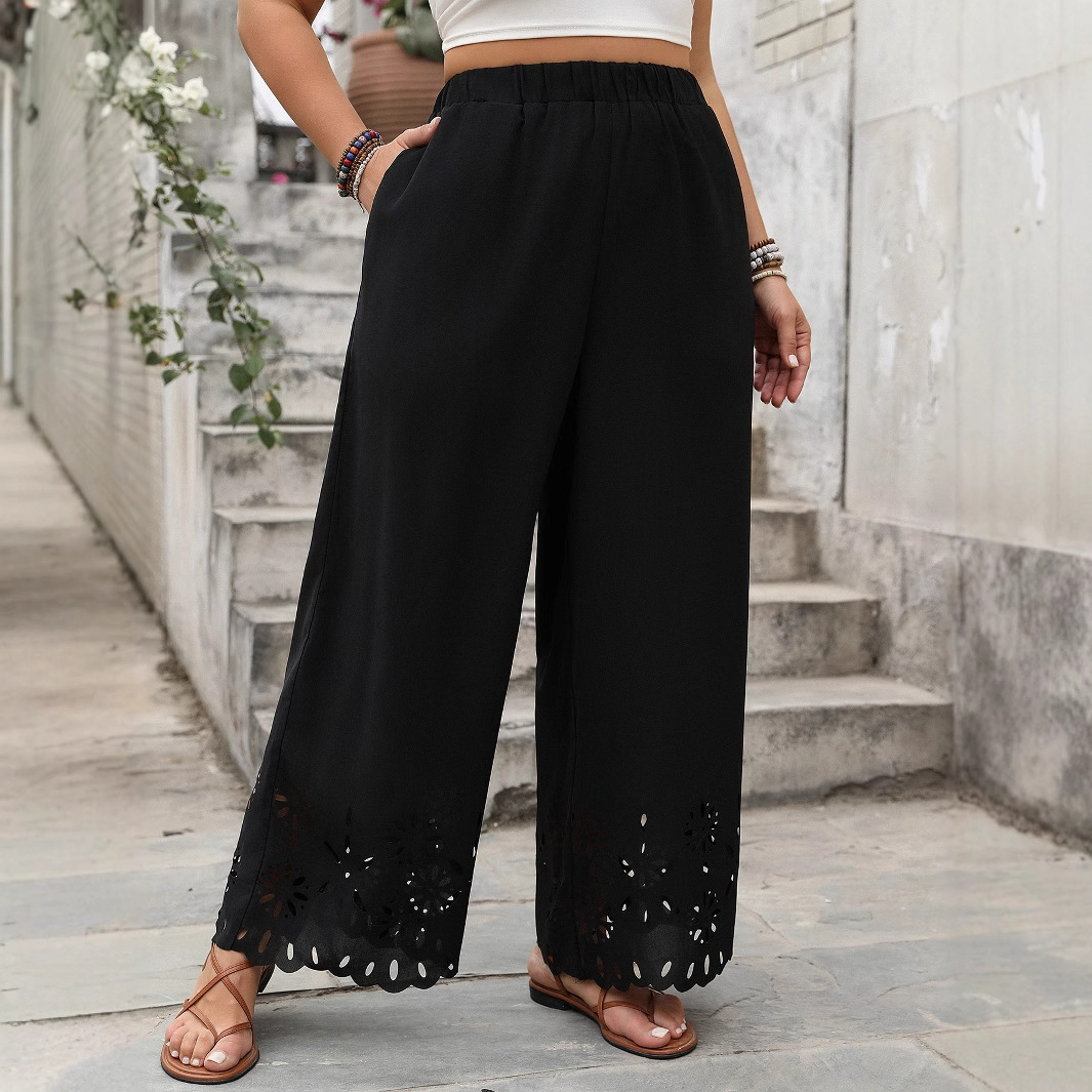 Women's Loose Wide-Leg Pants Plus Size Hollow Hem Black