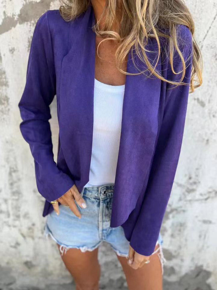 Faux Suede Open-Front Cardigan Solid Color Lightweight Women's Jacket