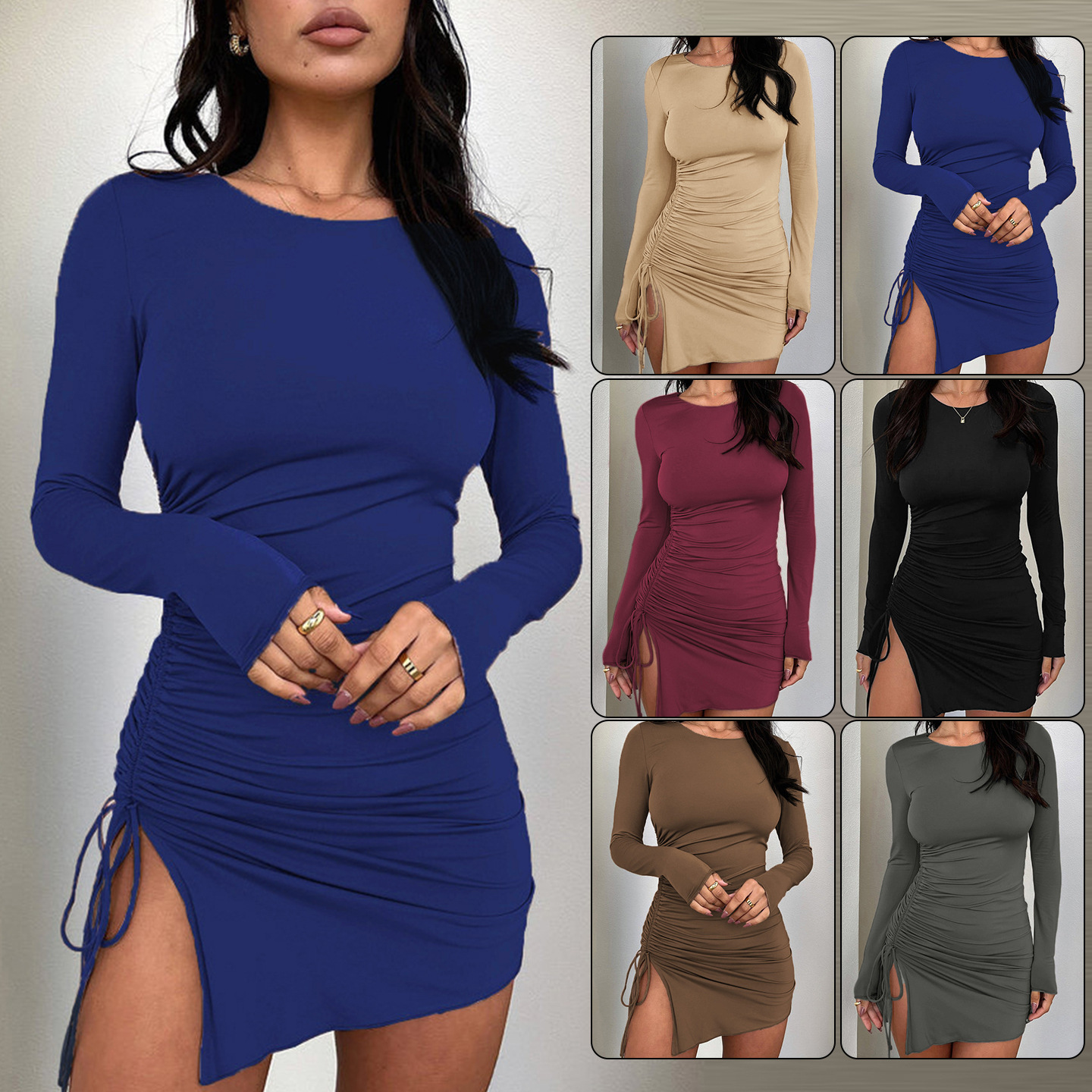 Y2K Long Sleeve Round Neck Bodycon Dress Solid Color Slimming