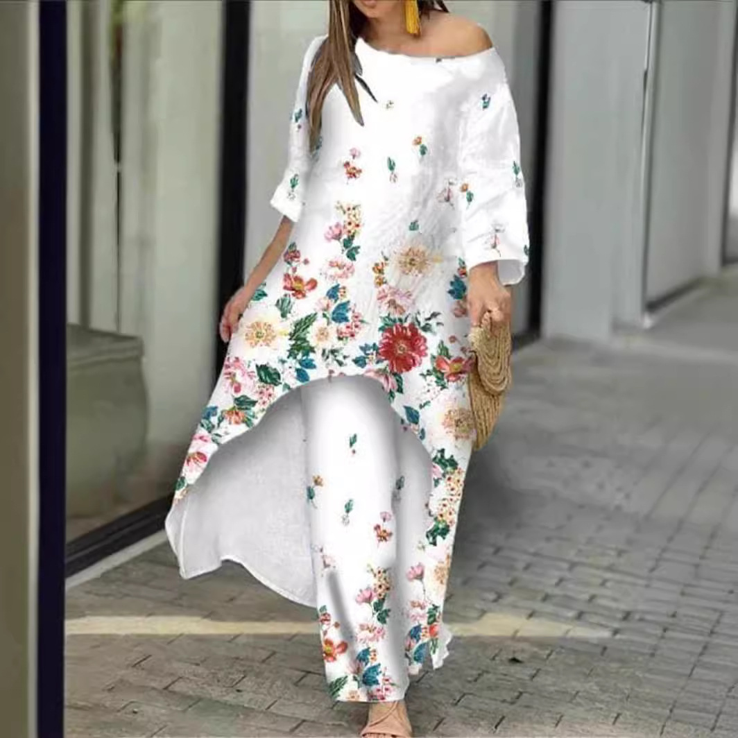 Women's Loose Plus Size Irregular Print Two-Piece Straight Pants Set