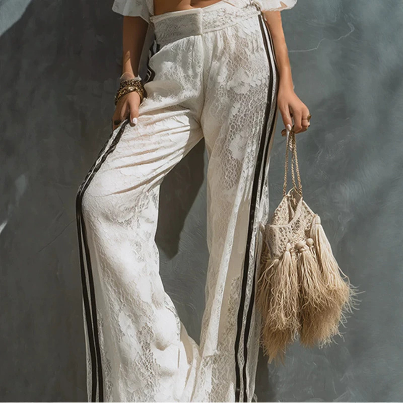 Retro Striped Trim White Off-Shoulder Lace T-Shirt and Wide-Leg Pants Set