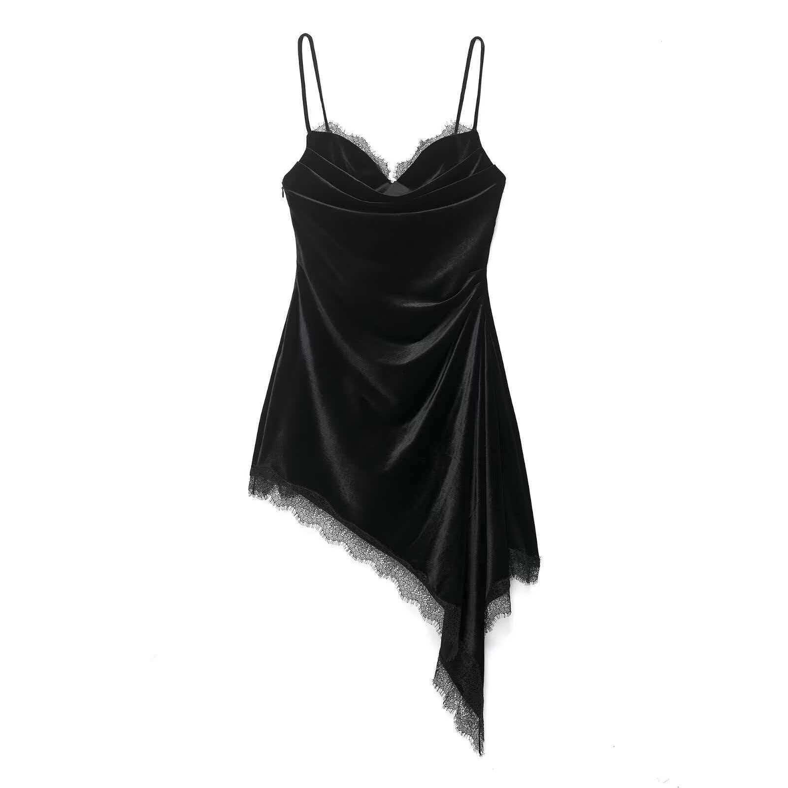 Women's Asymmetric Lace Velvet Dress Sleeveless V-Neck