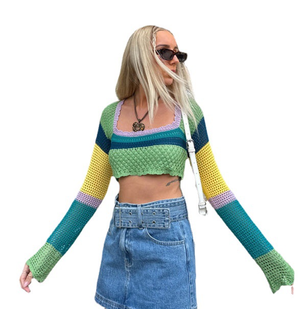 Color-Block Square-Neck Cropped Knit Top
