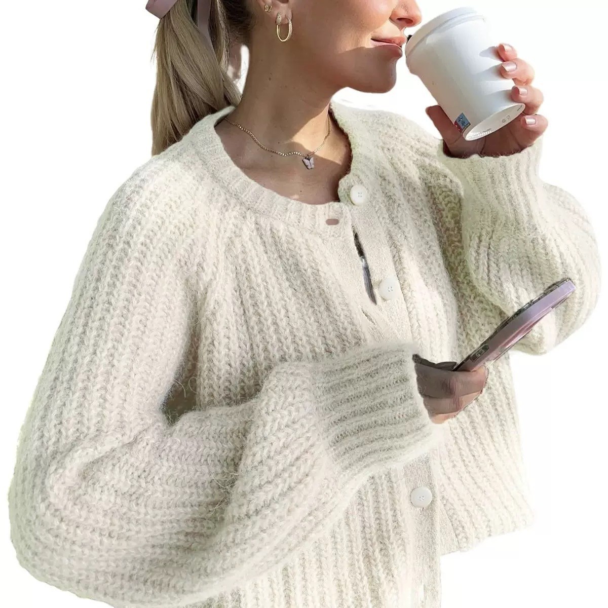 Women's Solid Color Knit Cardigan Crew Neck Long Sleeve Sweater