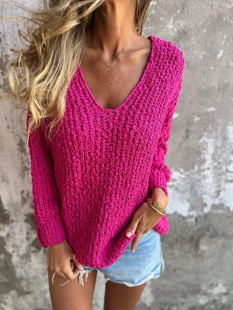 Chunky Knit V-Neck Long-Sleeve Sweater