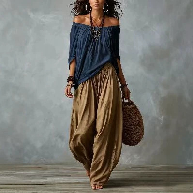 Boho Off-Shoulder Top and Lantern Pants Set