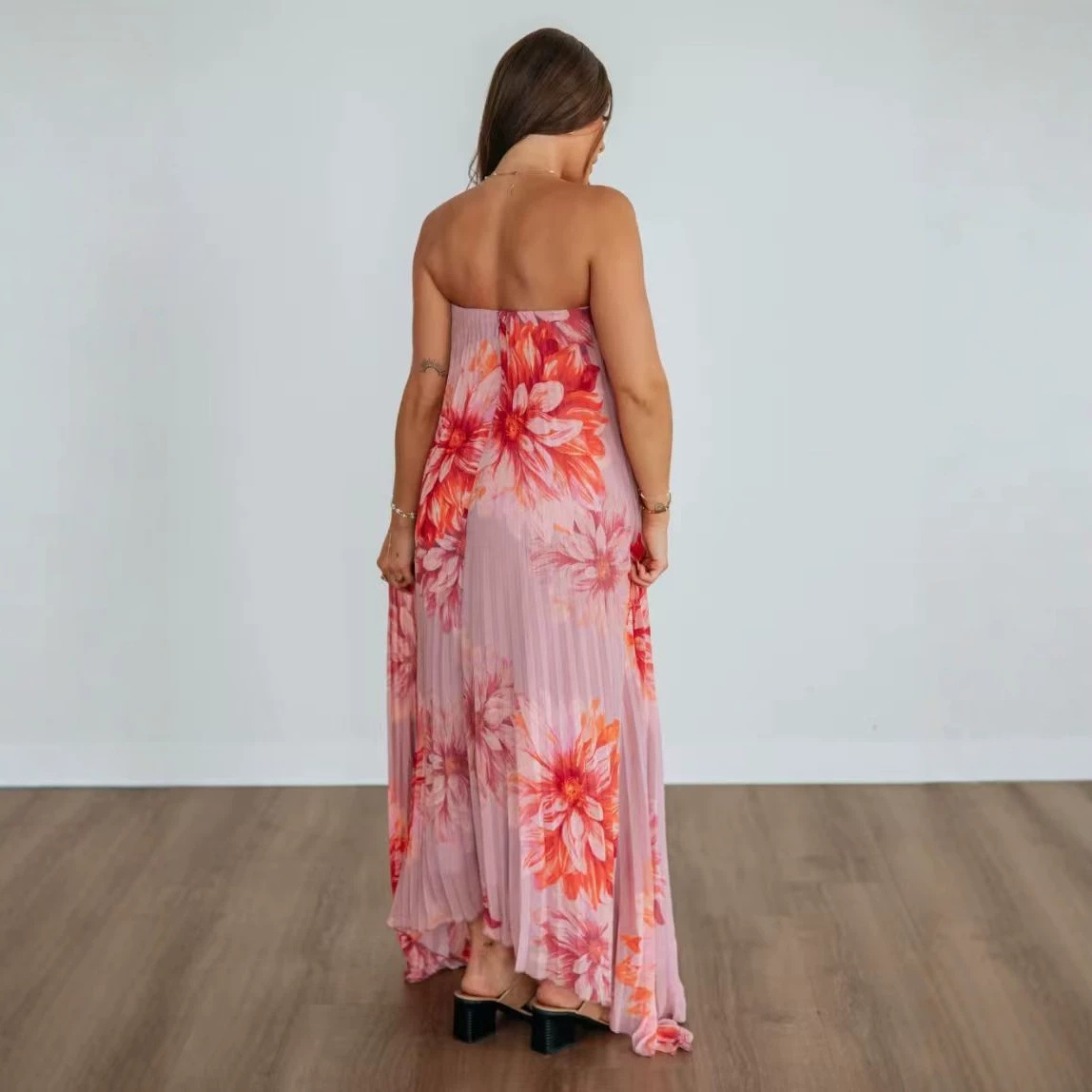 Pink Orange-Red Floral Strapless Pleated Maxi Dress
