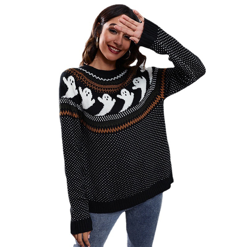 Halloween Ghost Polka Dot Long Sleeve Knit Sweater Women Loose Fit