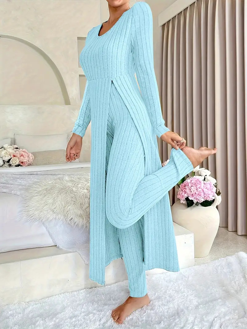 Women's Two-Piece Set with Split Hem Long Sleeve Top