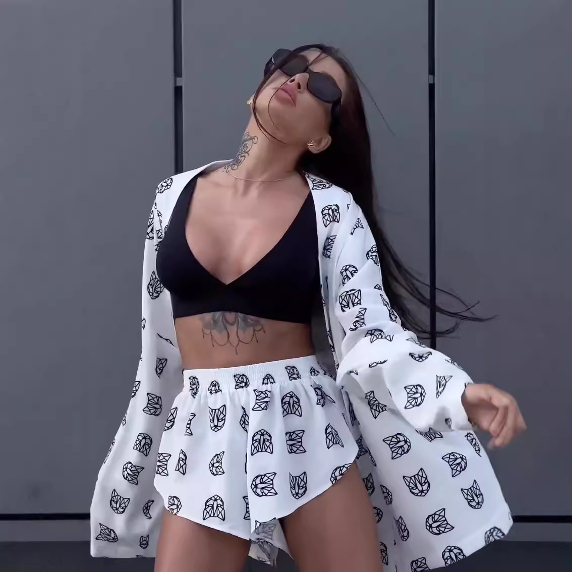 Women's Printed Long Sleeve Tie-Waist Pajama Set with High-Waist Shorts