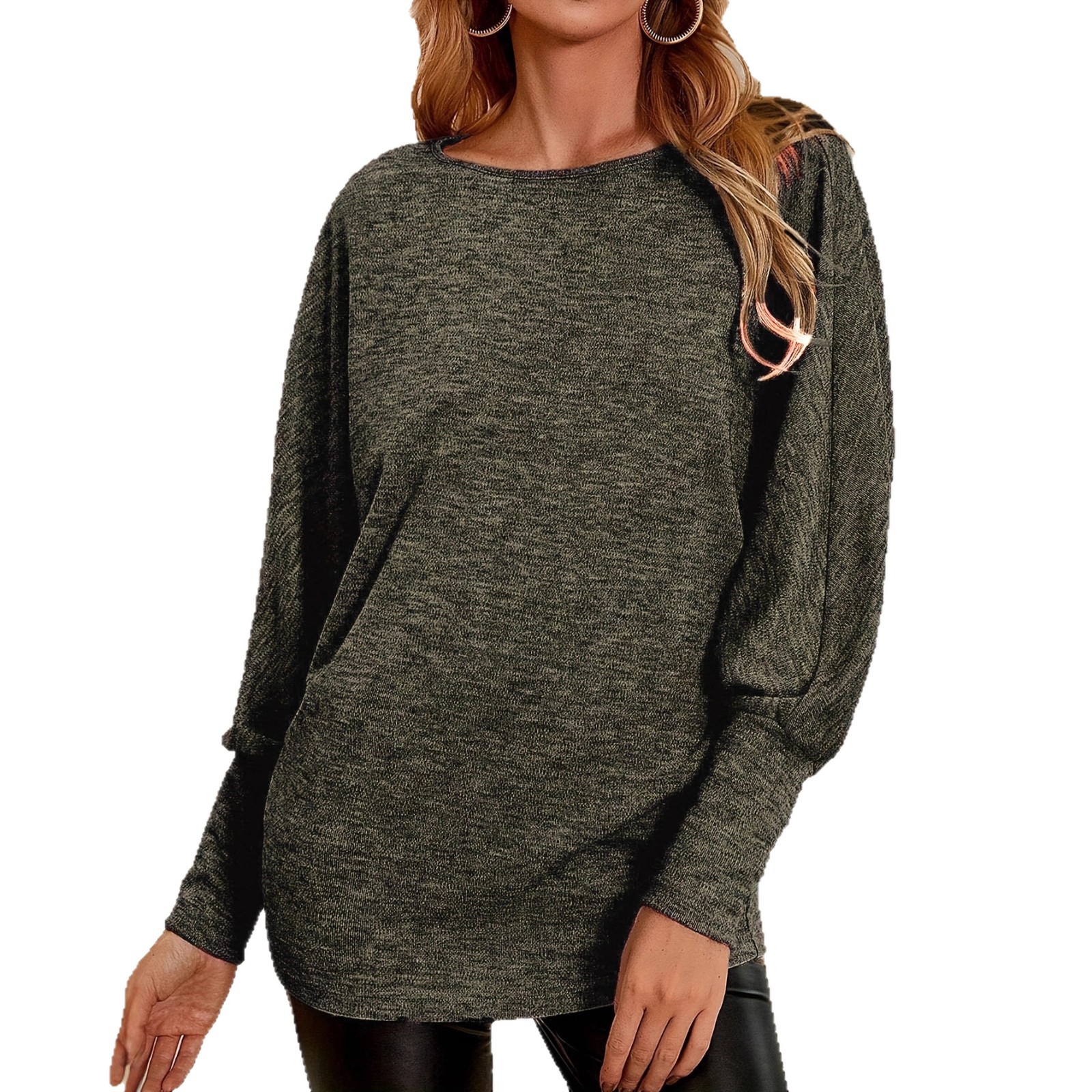 Women's Solid Crewneck Long Sleeve Batwing T-Shirt Casual Loose Fit