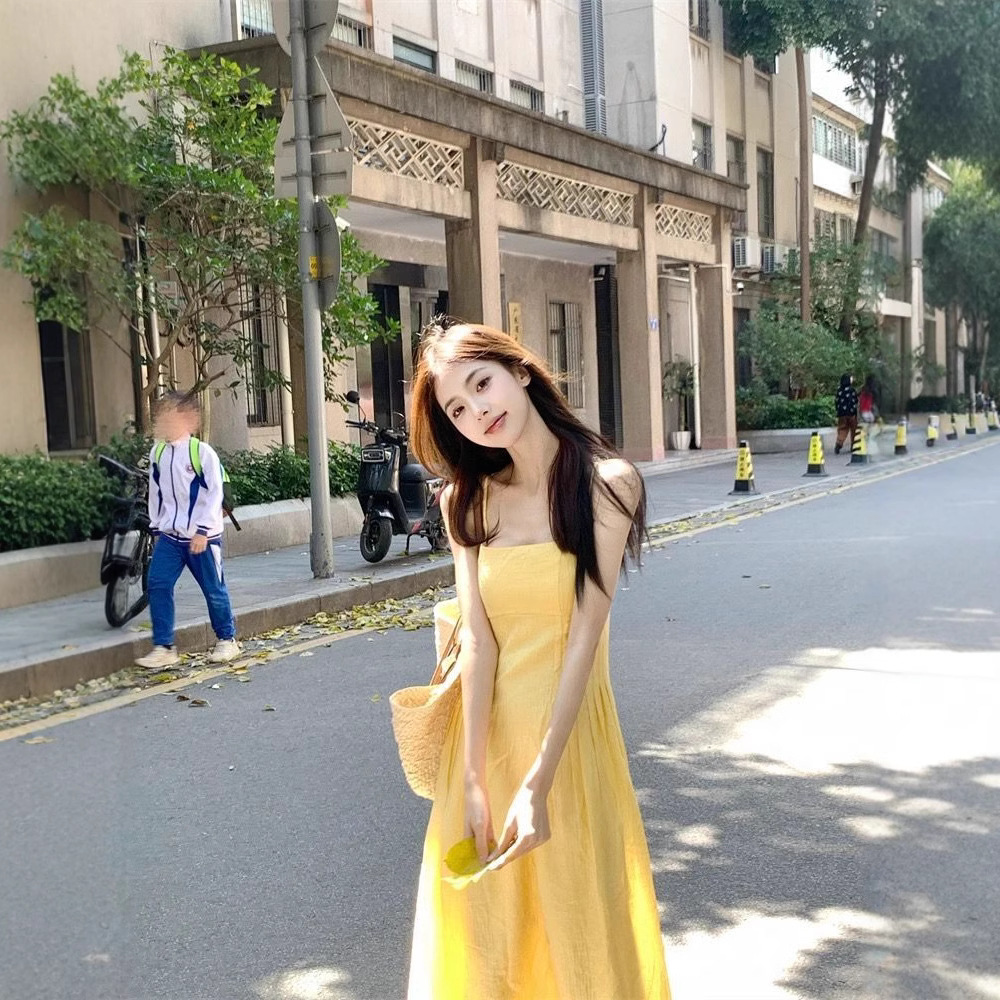 Yellow Sleeveless Slip Dress Square Neck Cinched Waist Long Dress