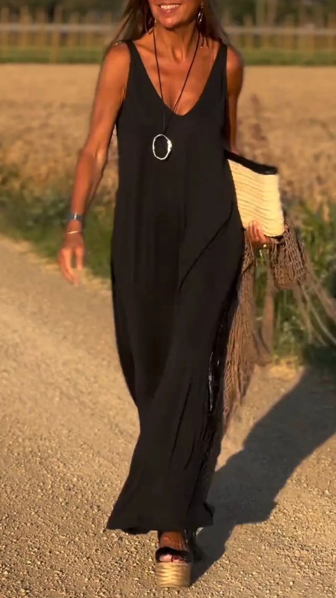 V-Neck Sleeveless Knit Maxi Dress Casual Slim Fit