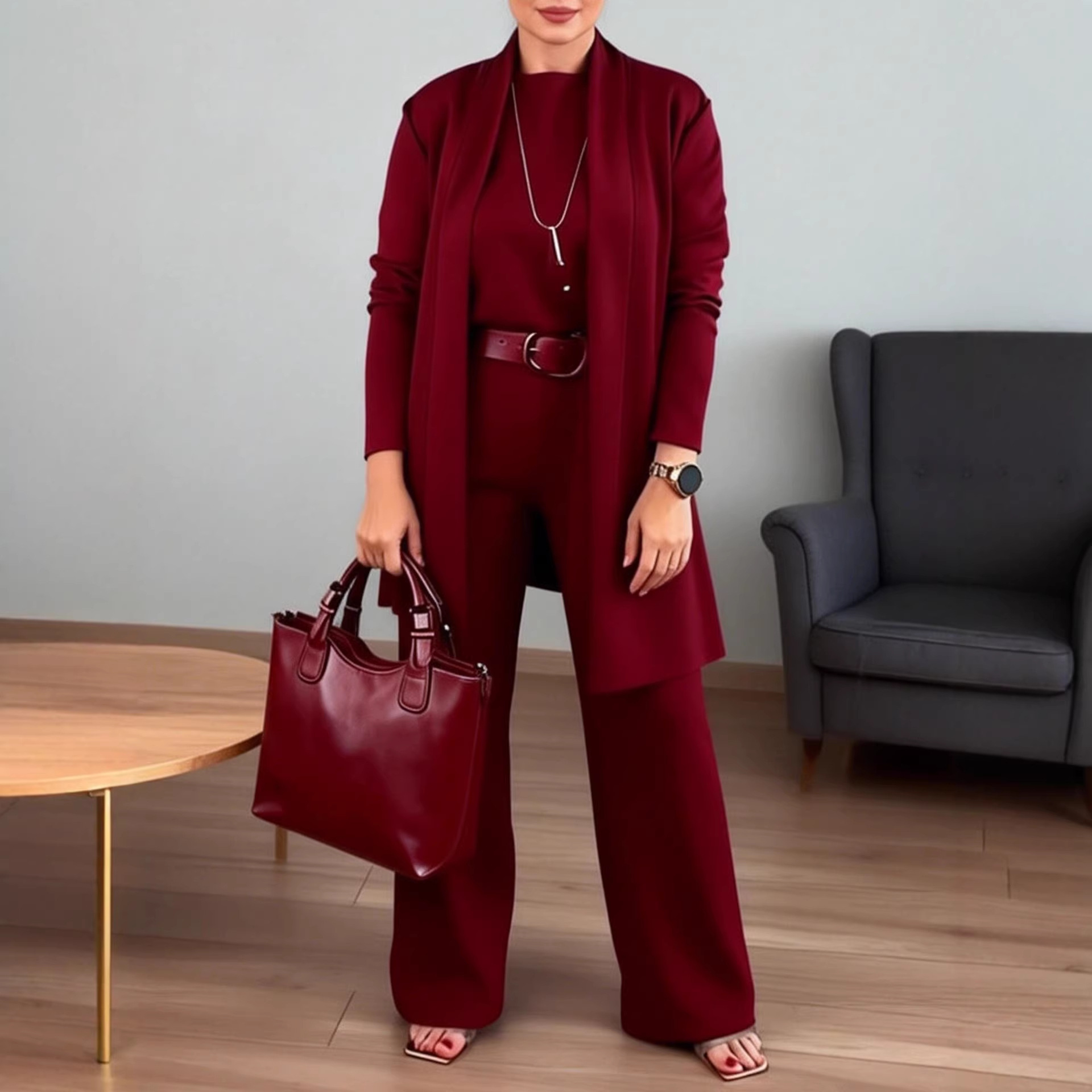 Women's 3-Piece Solid Crewneck Long-Sleeve Top Belted Pants Set