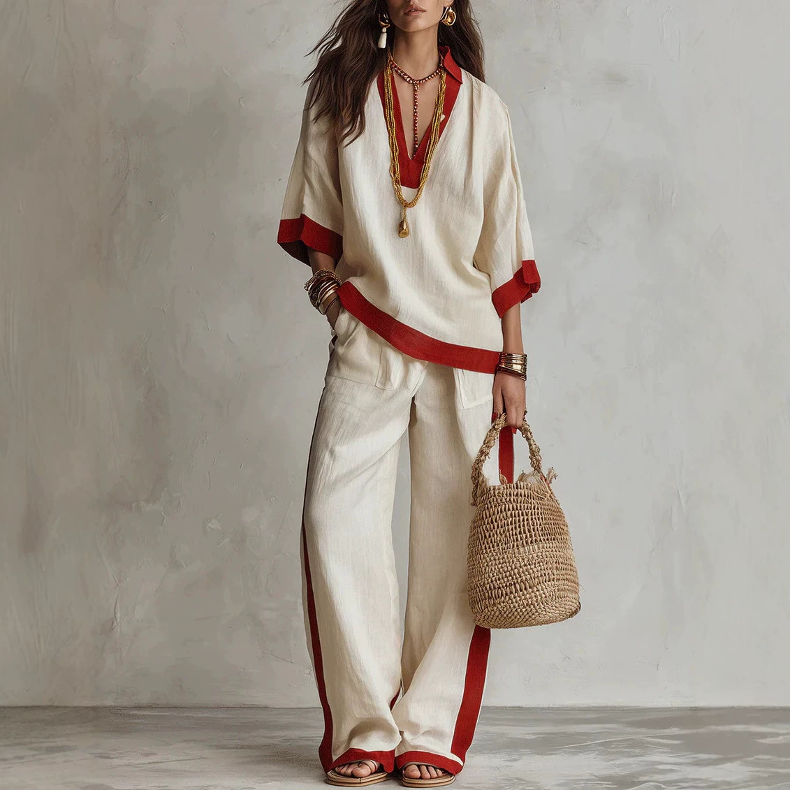 Color-Block Linen-Look V-Neck Top & Wide-Leg Pants Set
